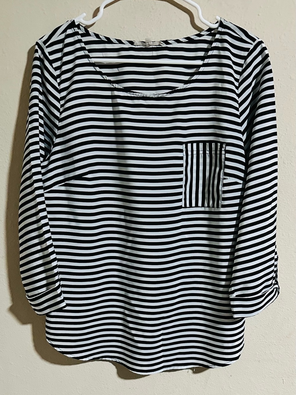 41 Hawthorn Black and White Striped Pocket Blouse with Pearl Button Cuffs